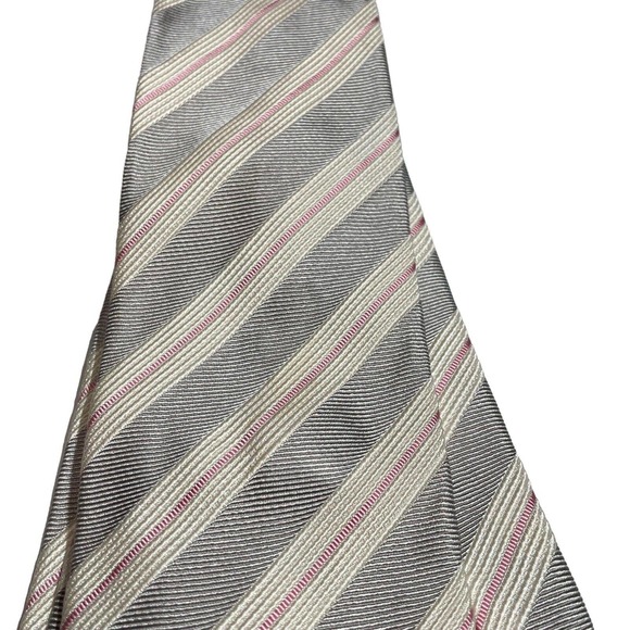 Moschino Mens Neck Tie Pink White Gray Stripes - Picture 2 of 5